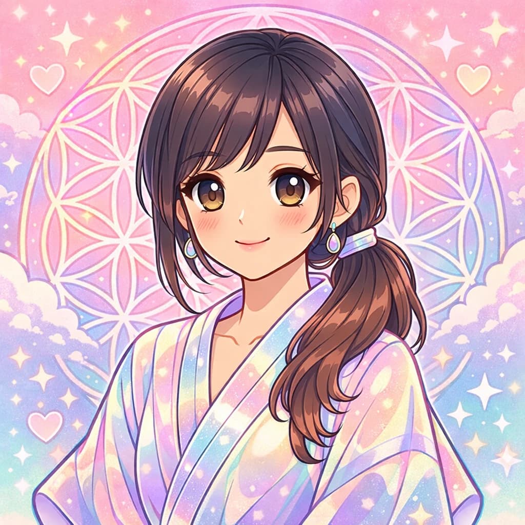 Illustrated portrait of Isa in a pastel kimono, in front of a flower of life